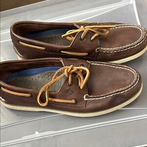 Sperry Brown Leather Boat Shoes with Orange Laces